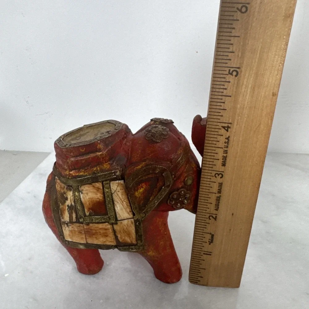 Vintage Beautiful Wood Elephant Nicely Decorated w/ Tiles & Brass
